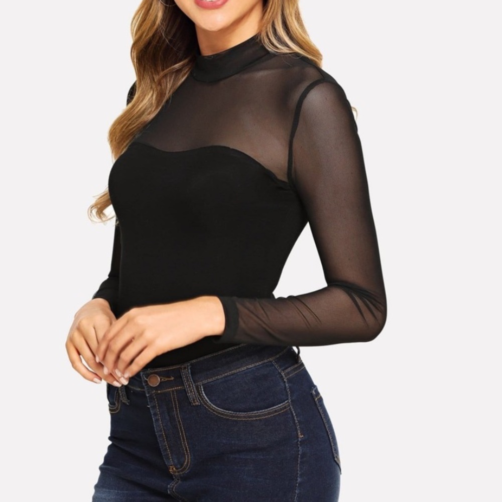 NEW - Black Mesh Bodysuit Mock Neck